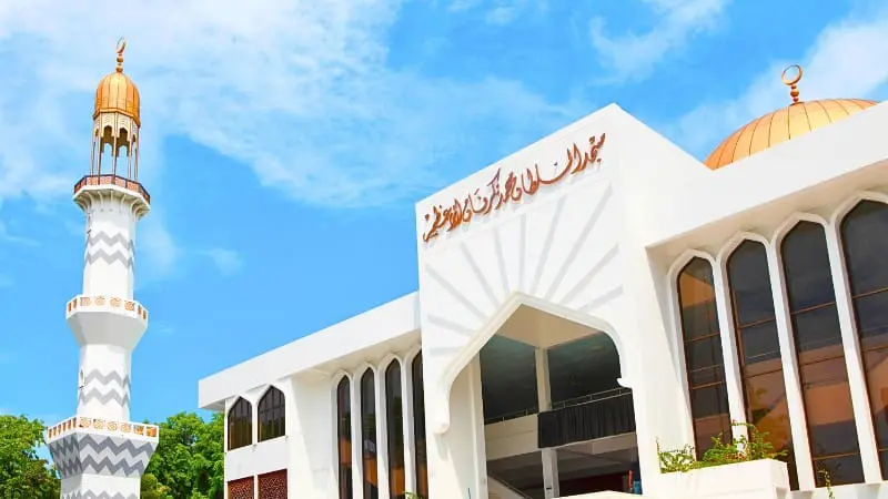 The striking facade of the Grand Friday Mosque, an iconic landmark in nearly every travel guide to Male.