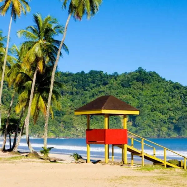 Tourist attractions in Trinidad and Tobago - Pristine beach with a lifeguard hut and palm trees at Maracas Bay.