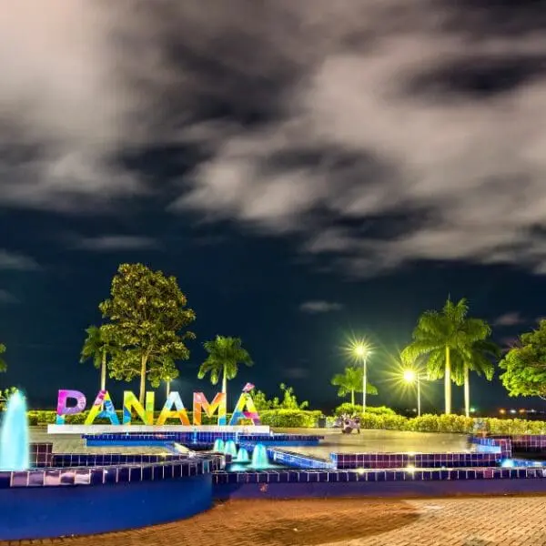 Best time to visit Panama - Colorful Panama sign at night, showcasing atmosphere and attractions that can be enjoyed any time of the year.