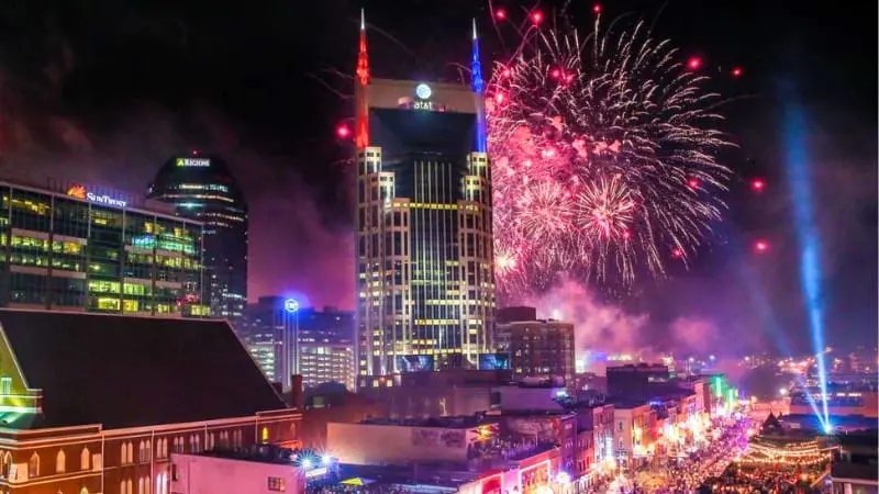 Celebrate 4th of July 2024 with dazzling fireworks lighting up the Nashville skyline at night.