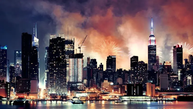 NYC skyline with fireworks, an iconic place to celebrate July 4th, 2024.