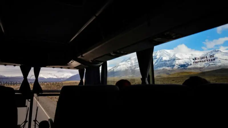 Tourists and locals enjoying a scenic bus tour in El Calafate, Argentina.