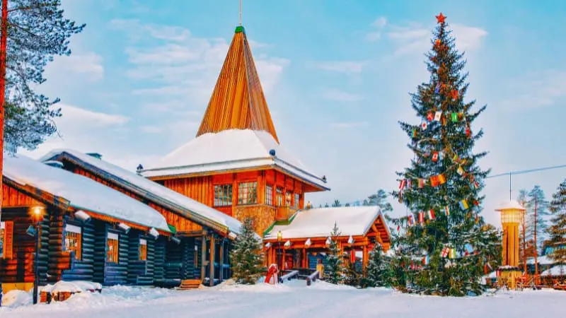 Santa Claus Village in Rovaniemi, Finland, with its distinctive Christmas tree.