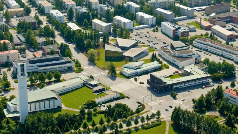 Aerial view of Seinäjoki showing modern buildings and green spaces.