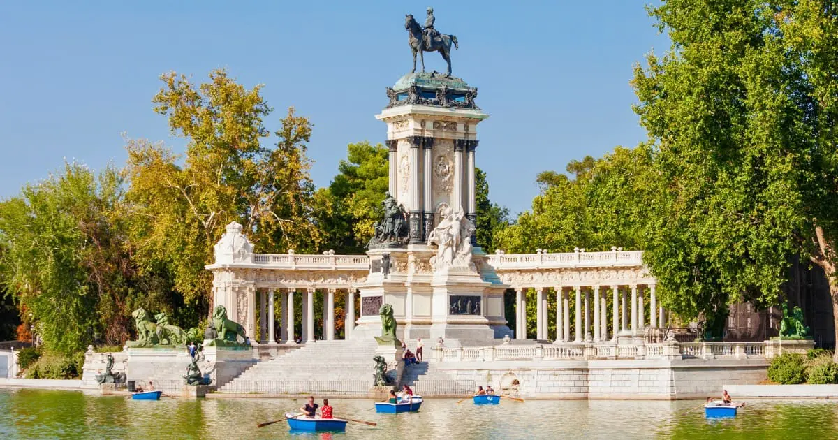 Boating in Retiro Park, one of the free things to do in Madrid.