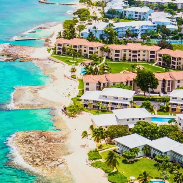 Aerial view of beachfront resorts in George Town Cayman Islands