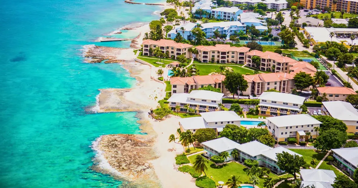 Aerial view of beachfront resorts in George Town Cayman Islands
