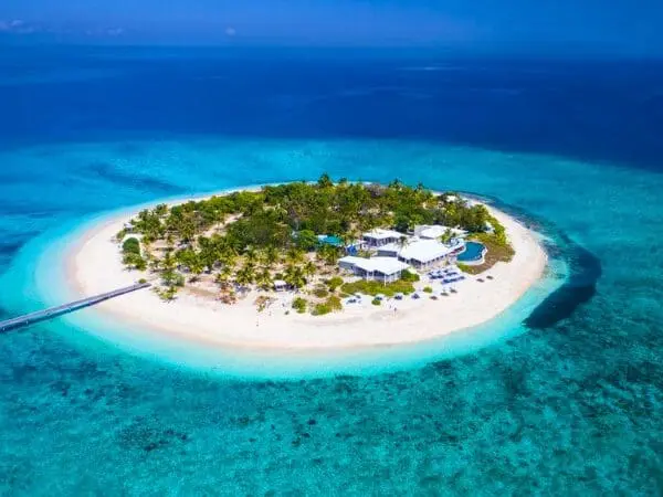Aerial view of a tropical island resort in the Mamanuca Islands in Fiji.