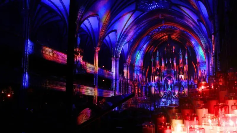 The stunning AURA light show inside Notre Dame Basilica of Montreal.