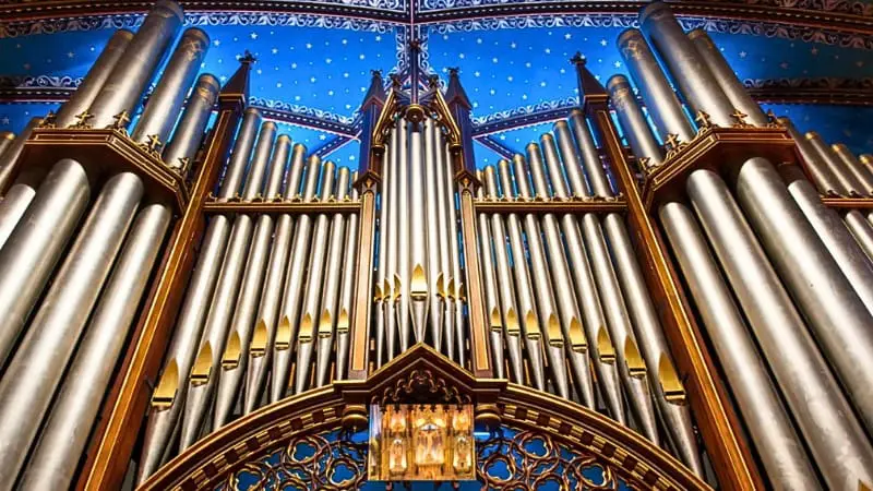 The impressive organ at Notre Dame Basilica with its 7,000 pipes.