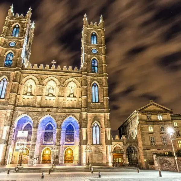 Night view of Notre Dame Basilica of Montreal, a must-visit place in Canada.