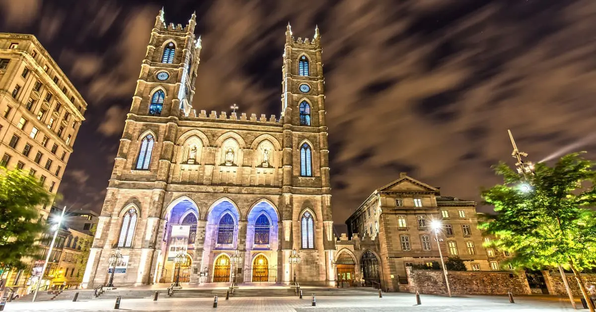Night view of Notre Dame Basilica of Montreal, a must-visit place in Canada.