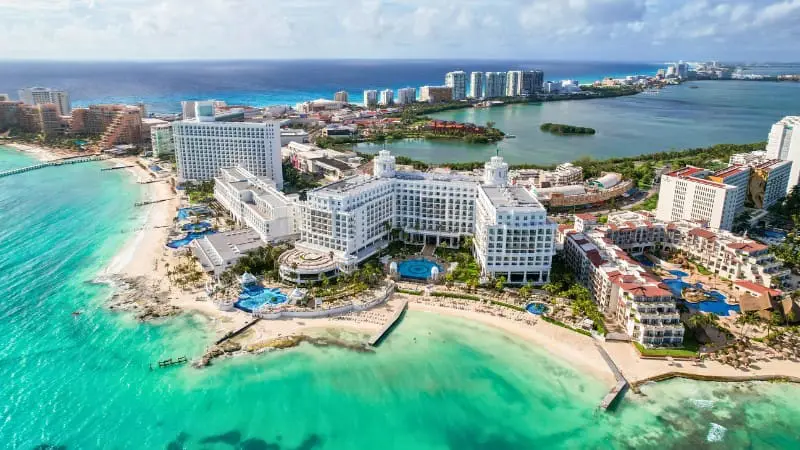 Aerial view of Cancun, one of the safest places to travel in Mexico in 2024.