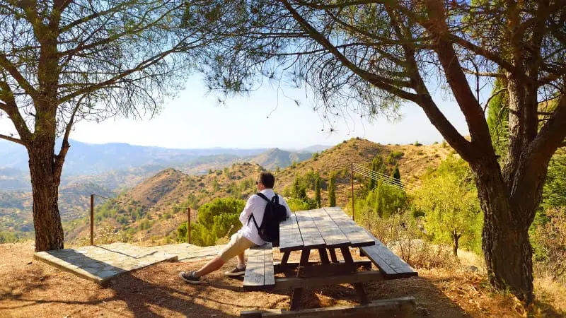 Mountain picnic spot with panoramic views in Troodos, Cyprus.