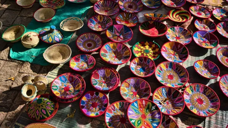 Traditional Ethiopian baskets, mesob and sefeds, at a market in Aksum.