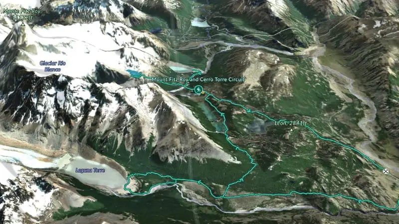 Hiking map shows green trails around Fitz Roy glaciers and blue lakes.