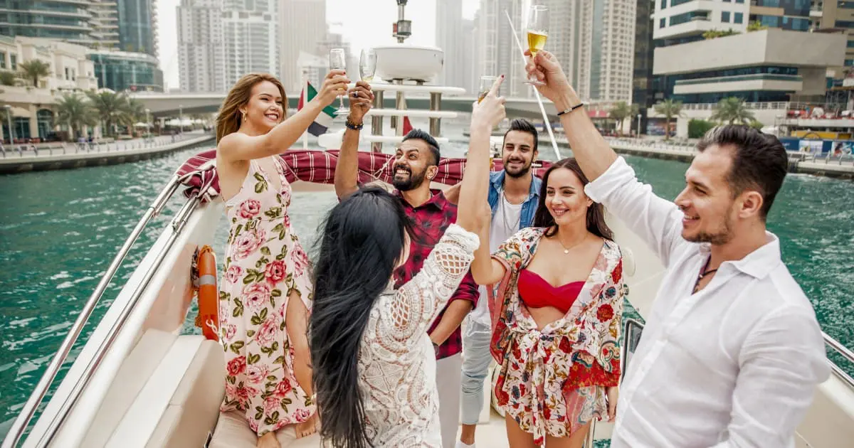 Traveling to Dubai as a woman, enjoying a safe outdoor party with friends.