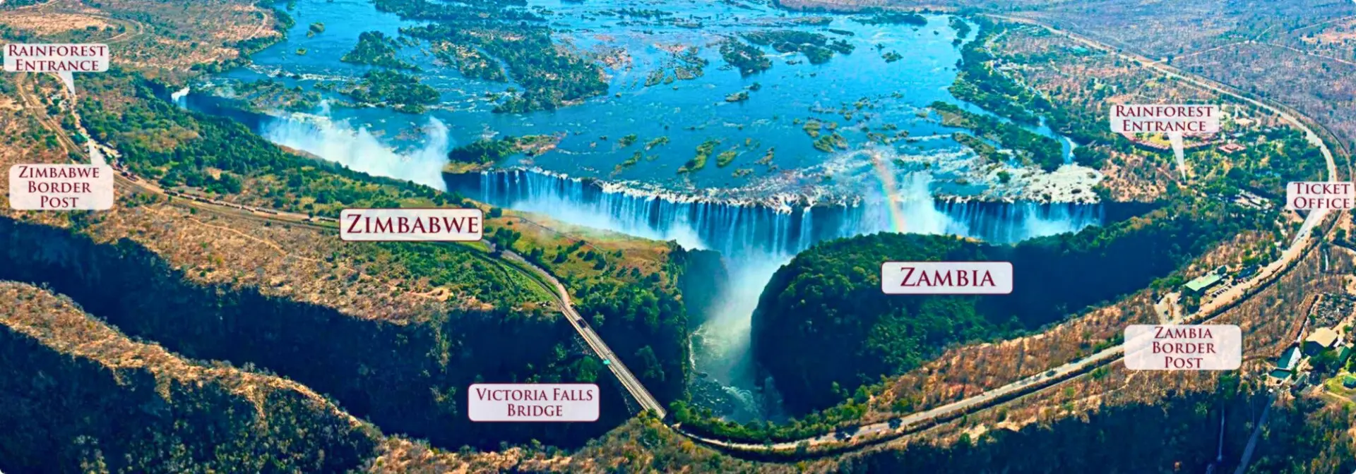 Aerial map showing the locations of Victoria Falls, Zimbabwe, and Zambia borders.