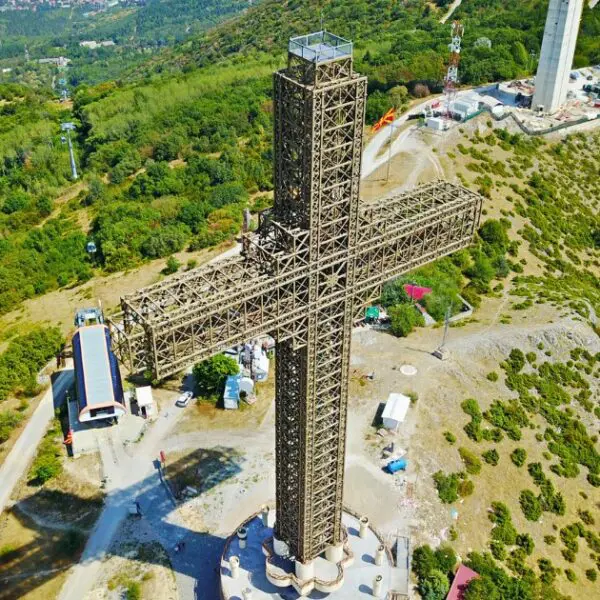 Aerial view of Millennium Cross, a must-visit on your Skopje trip.