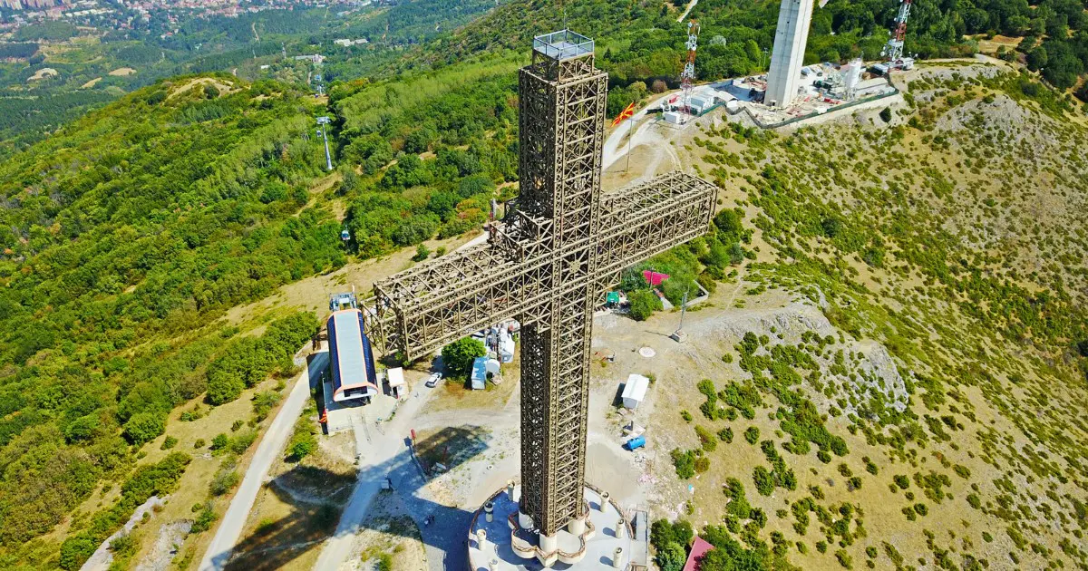 Aerial view of Millennium Cross, a must-visit on your Skopje trip.