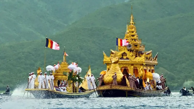 Boats at Inle Lake's Phaung Daw Oo Festival, an important annual celebration in Myanmar.