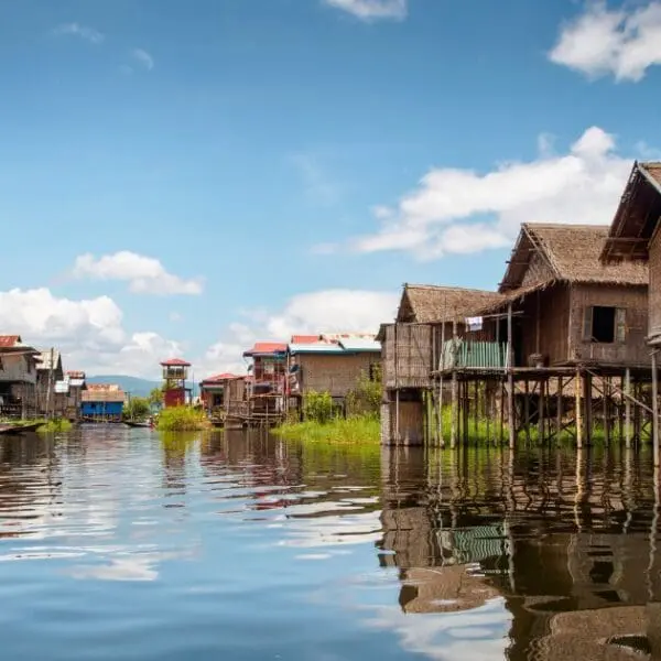 Stilt houses at Inle Lake showcase traditional living in Myanmar.