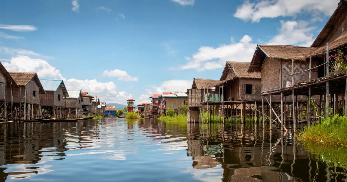 Stilt houses at Inle Lake showcase traditional living in Myanmar.