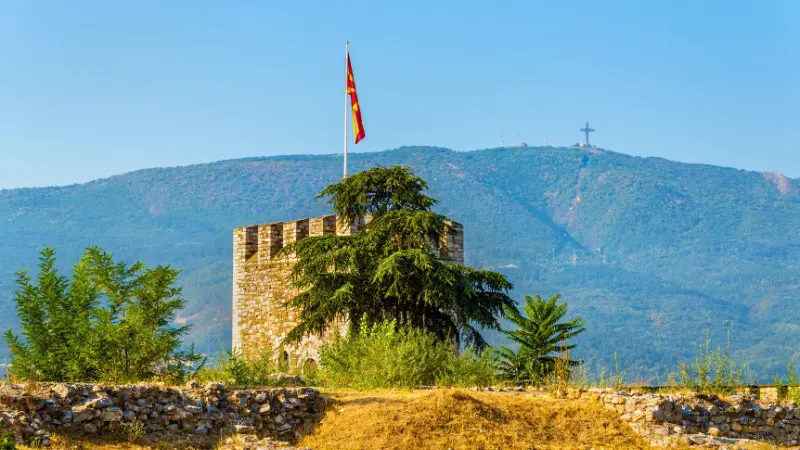 Skopje Fortress with the Millennium Cross in the background on Vodno Mountain.
