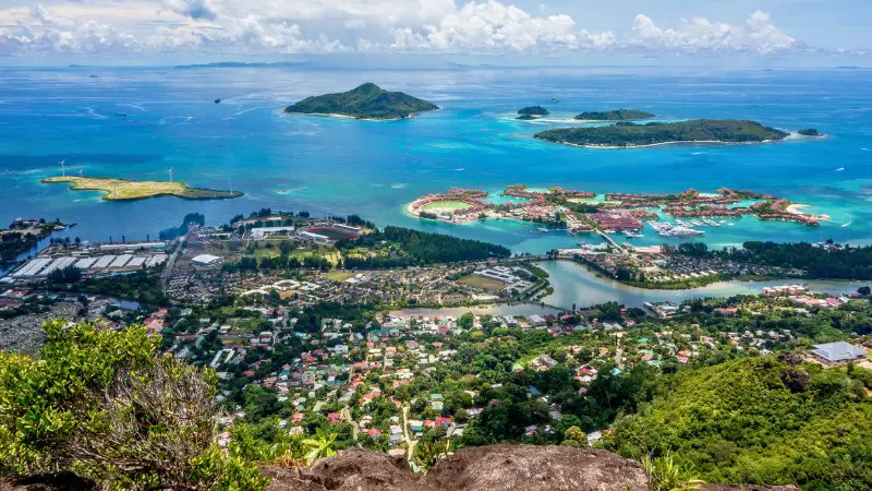 Aerial view of Seychelles islands, a paradise for newlyweds to explore.