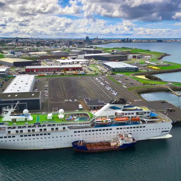 A cruise ship docked at Skarfabakki Harbour, Reykjavik's main cruise port.