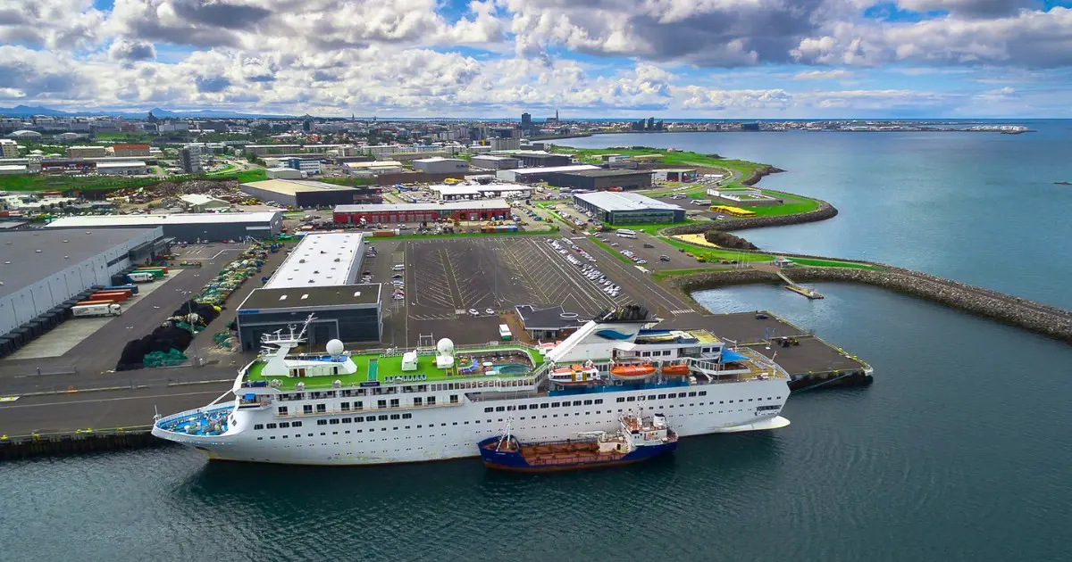 A cruise ship docked at Skarfabakki Harbour, Reykjavik's main cruise port.