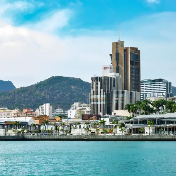 Skyline of Port Louis with the waterfront and buildings in the background.