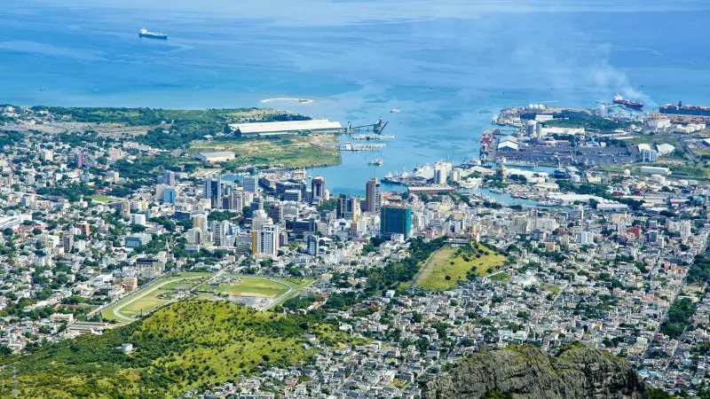 Aerial view of Port Louis with harbor and Champ de Mars racecourse.