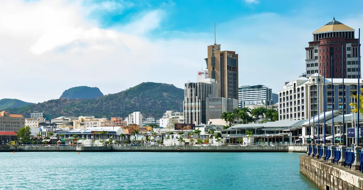 Skyline of Port Louis with the waterfront and buildings in the background.