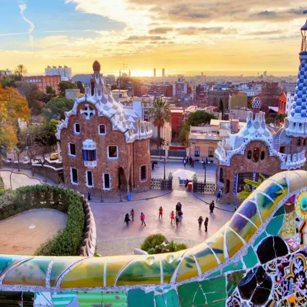 Park Güell at sunset, with stunning views of Gaudi's iconic architecture.