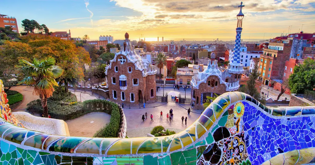 Park Güell at sunset, with stunning views of Gaudi's iconic architecture.