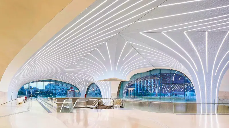 Doha Metro Stations have modern vaulted designs with futuristic lighting.