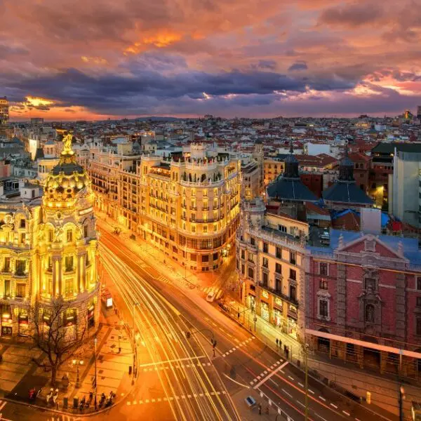 Stunning view of Madrid at sunset, showcasing the city’s architecture.