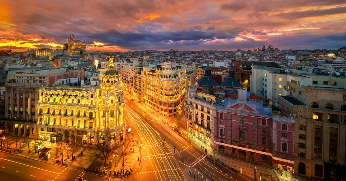 Stunning view of Madrid at sunset, showcasing the city’s architecture.