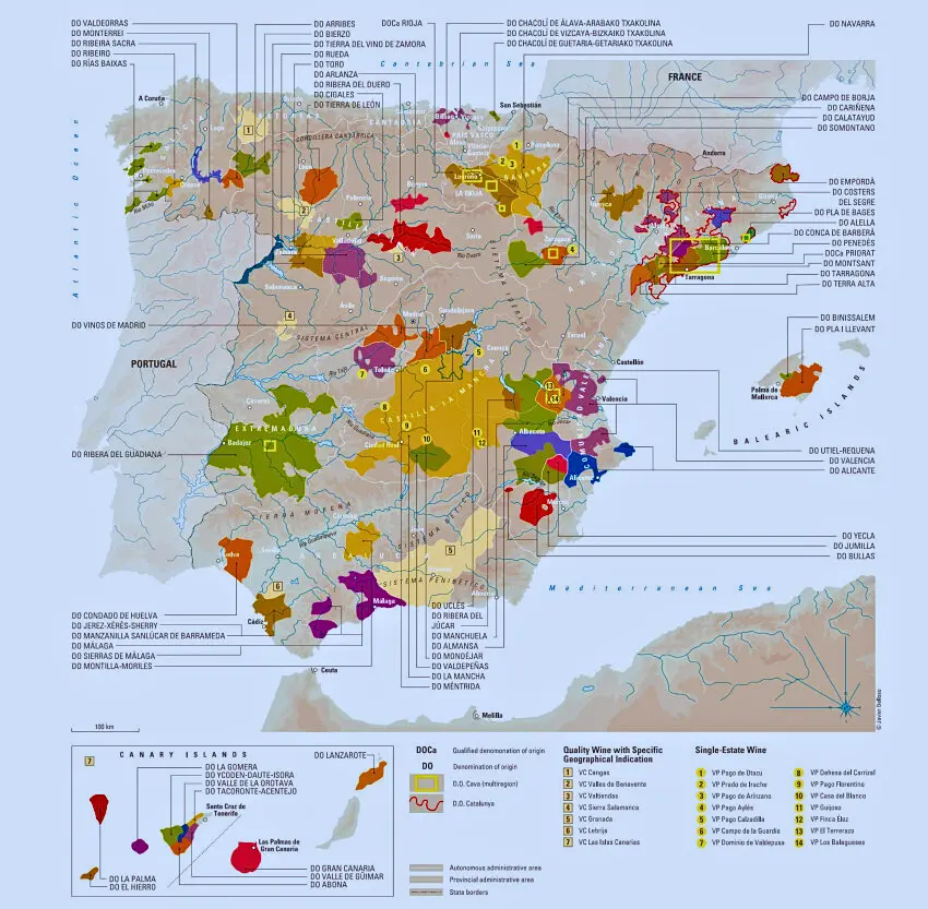 Map showing Spain's diverse wine regions, from Rioja to Priorat and Ribera del Duero.