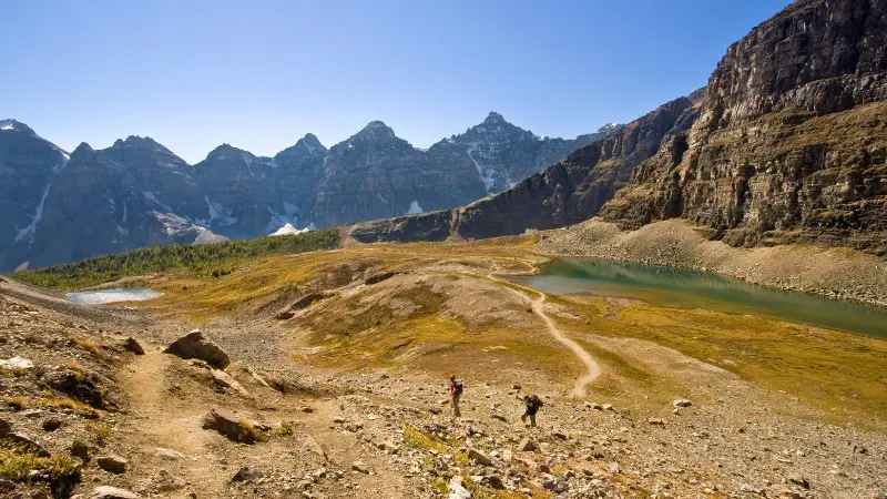 Hikers enjoying the beautiful Larch Valley and Sentinel Pass in Banff.