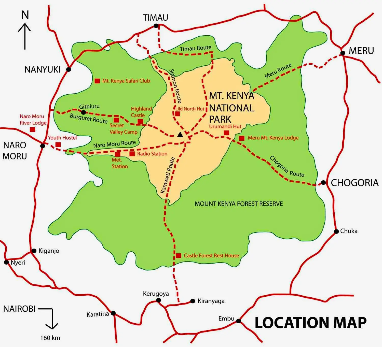Map shows main climbing routes through Mt Kenya National Park for trek planning.