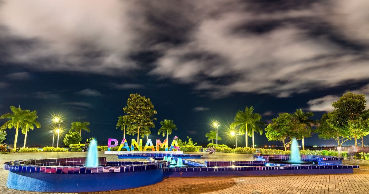 Best time to visit Panama - Colorful Panama sign at night, showcasing atmosphere and attractions that can be enjoyed any time of the year.