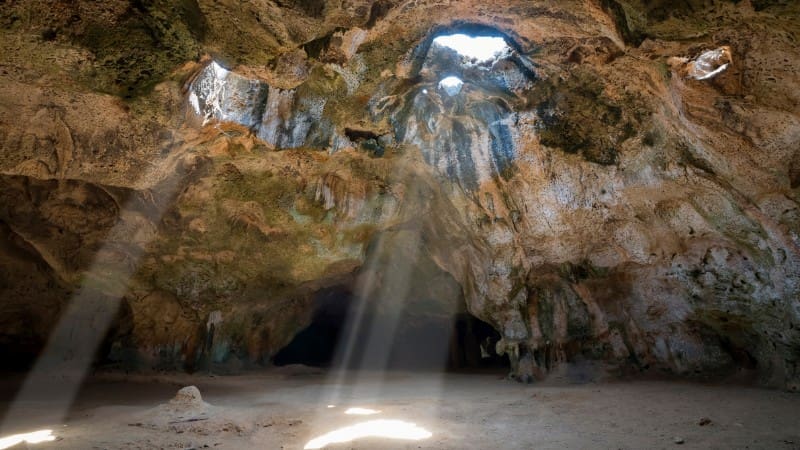 Light beams shining through the roof of a cave in Arikok National Park.