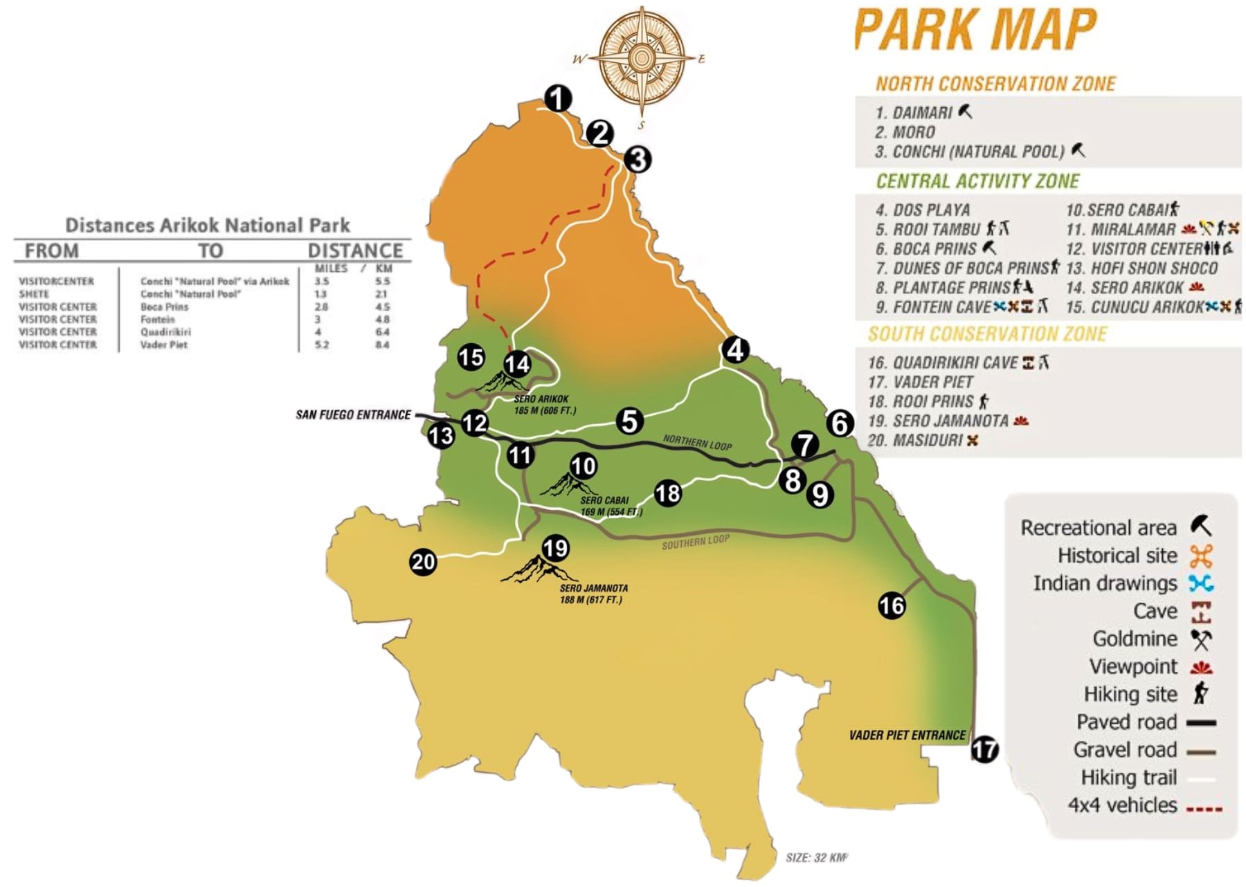 Map of Arikok National Park highlighting key attractions and trails.