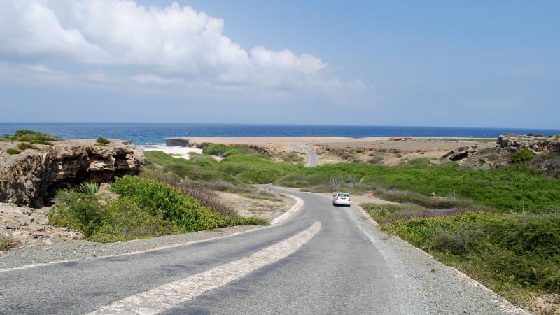 Scenic paved road leading to the beach in Arikok National Park.