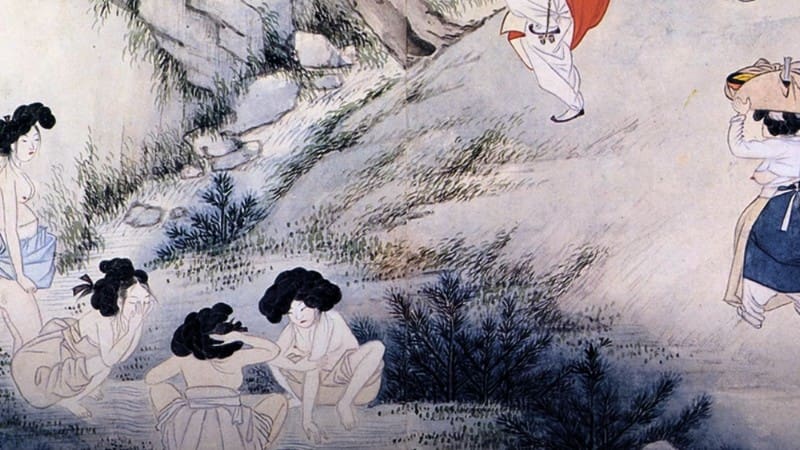 A painting depicts women bathing in a stream, reminiscent of the Korean sauna tradition.