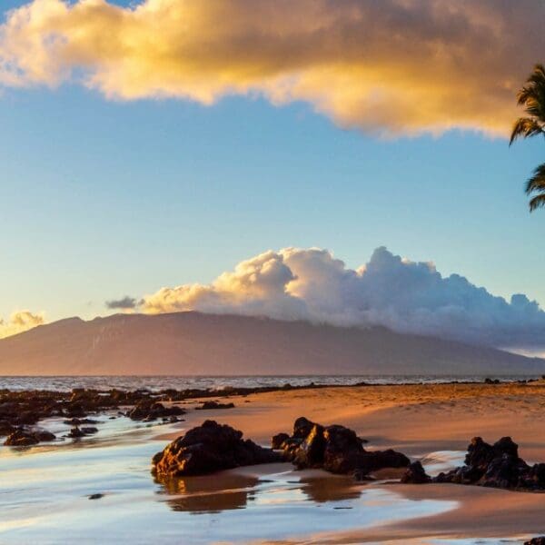 Maui with kids - Stunning sunset with kids playing on the beach, perfect for a family vacation.
