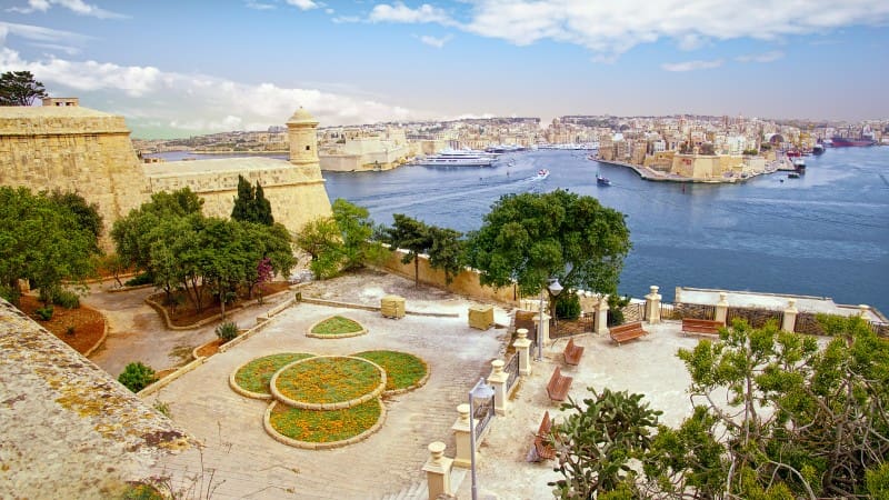 The Upper Barrakka Gardens has stunning views, a popular spot for sightseeing in Valletta.