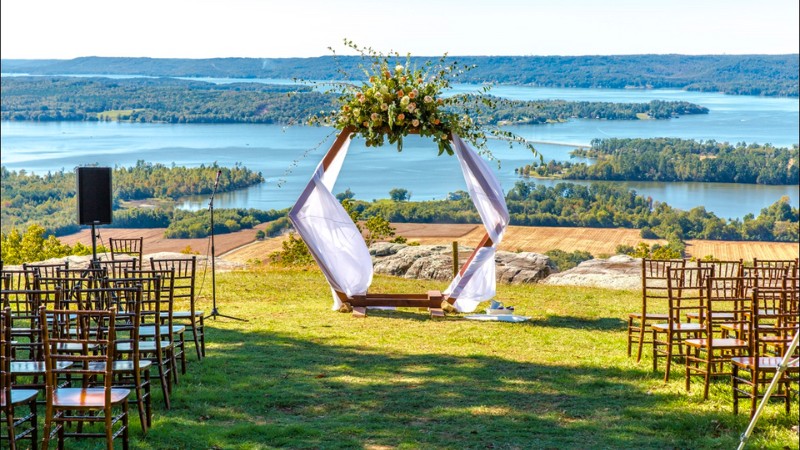 Scenic wedding setup overlooking lakes at a stunning wedding destination in Alabama.